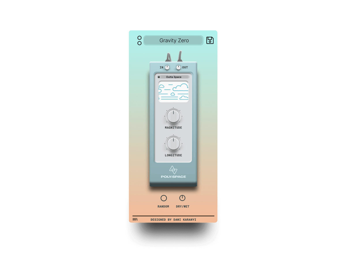 Poly Space ambient reverb plugin with Magnitude and Longitude knobs, used for big ambient reverb