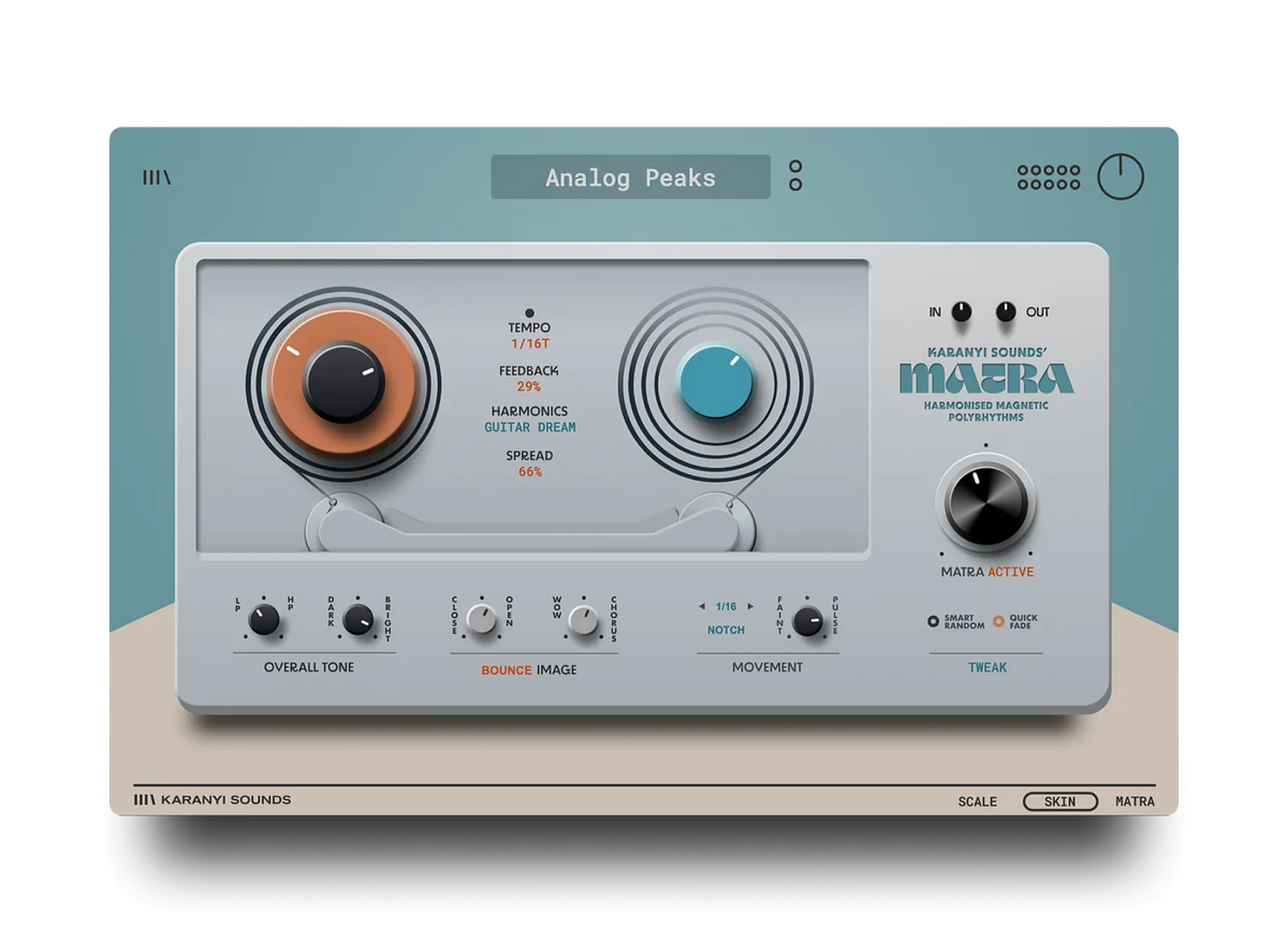 Matra analog-style delay plugin interface with two tape-reel style delay knobs