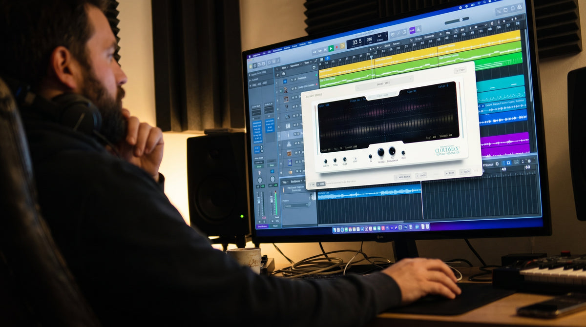 Producer in a home studio listening back, with the Cloudmax 3 texture resonator plugin open over a DAW session on screen