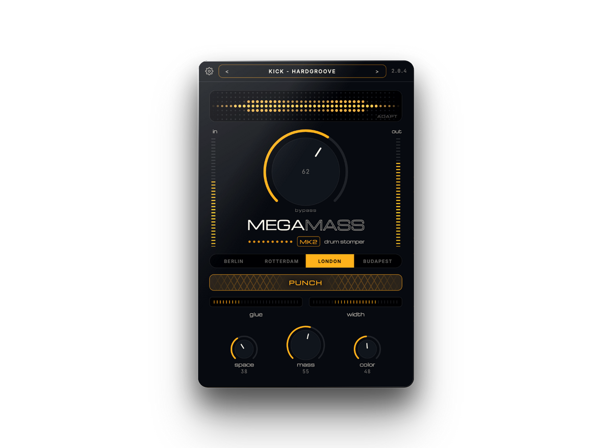 Megamass MK2 kick and drum processor plugin interface with Adapt, Punch, Mass, Space and Color controls