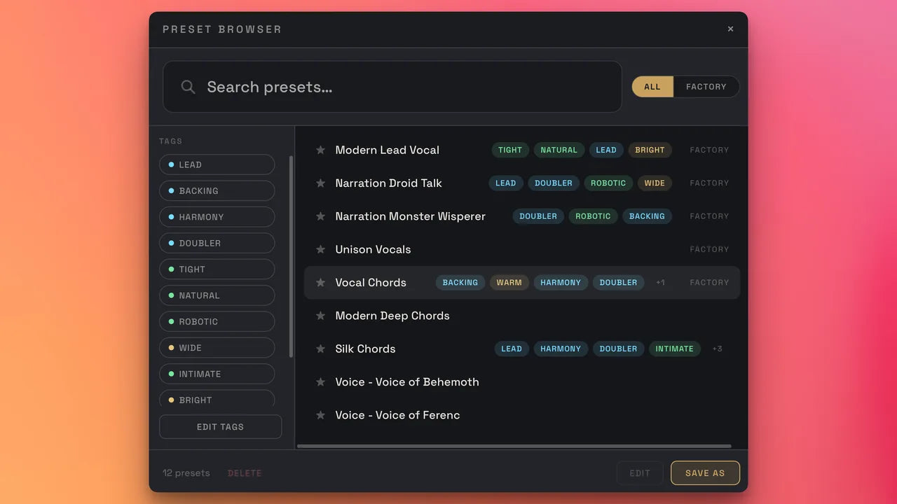Preset browser & undo in Voicemax